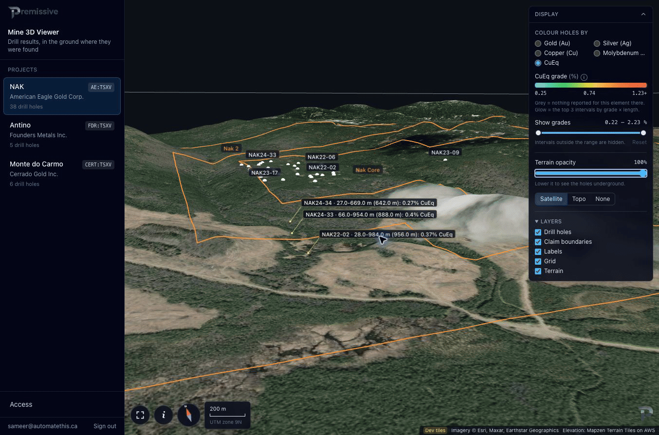 Terrain-opacity animation revealing drill traces beneath a mountainous surface